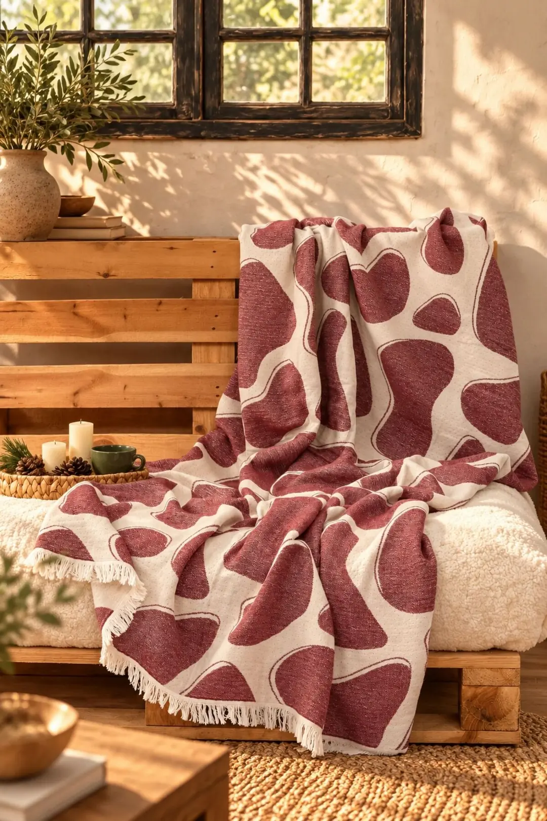 Ürün görseli: Pebble %100 Pamuk Müslin Jakarlı Throw & Battaniye - Koltuk Şalı 145x210cm - Bordo