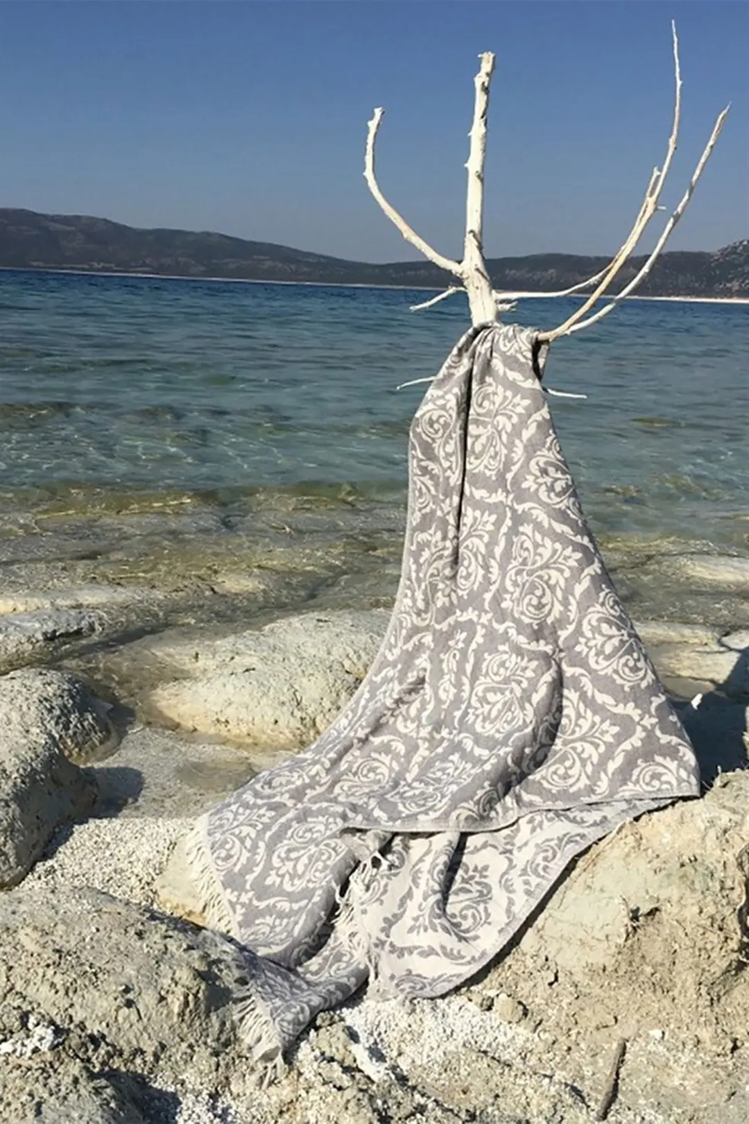 %100 Pamuk Peştamal - Spa & Plaj - Barok Desenli Gri - 90x170 cm