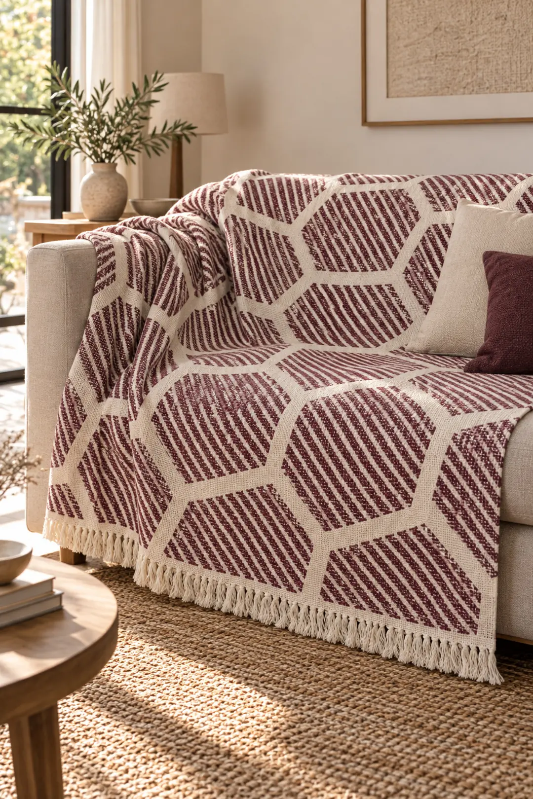 Ürün görseli: Petek %100 Pamuk Jakarlı Throw & Battaniye - Koltuk Şalı 180x220cm - mürdüm